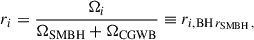 Mathematical equation: $$ \begin{aligned} r_i = \frac{\Omega _i}{\Omega _{\rm SMBH} + \Omega _{\rm CGWB}} \equiv r_{i,\mathrm {BH}\, r_{\rm SMBH}\,, \end{aligned} $$