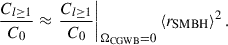 Mathematical equation: $$ \begin{aligned} \frac{C_{l\ge 1}}{C_0} \approx \left.\frac{C_{l\ge 1}}{C_0}\right|_{\Omega _{\rm CGWB} = 0} \langle r_{\rm SMBH} \rangle ^2\,. \end{aligned} $$