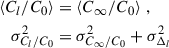 Mathematical equation: $$ \begin{aligned} \begin{aligned} \left\langle C_{l}/C_0 \right\rangle&= \left\langle C_{\infty }/C_0 \right\rangle \,, \\ \sigma _{C_{l}/C_0}^2&= \sigma _{C_{\infty }/C_0}^2 + \sigma _{\Delta _l}^2\, \end{aligned} \end{aligned} $$