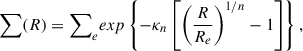 $$ \begin{aligned} \sum (R) = {\sum }_e exp \left\{ -\kappa _n \left[ \left( \frac{R}{R_e} \right)^{1/n} -1 \right] \right\} , \end{aligned} $$