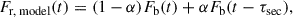 $$ \begin{aligned} F_{\text{r,} \text{ model}}(t) = (1 - \alpha ) F_{\text{b}}(t) + \alpha F_{\text{b}}(t - \tau _{\text{sec}}), \end{aligned} $$