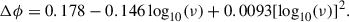 Mathematical equation: $$ \begin{aligned} \Delta \phi = 0.178 - 0.146\log _{10}(\nu ) + 0.0093[\log _{10}(\nu )]^2. \end{aligned} $$