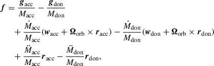 $$ \begin{aligned} \boldsymbol{f}&= \frac{\boldsymbol{g}_{\rm acc}}{M_{\rm acc}} - \frac{\boldsymbol{g}_{\rm don}}{M_{\rm don}} \nonumber \\&\quad + \frac{\dot{M}_{\rm acc}}{M_{\rm acc}}(\boldsymbol{w}_{\rm acc} + \boldsymbol{\Omega }_{\rm orb} \times \boldsymbol{r}_{\rm acc}) - \frac{\dot{M}_{\rm don}}{M_{\rm don}}(\boldsymbol{w}_{\rm don} + \boldsymbol{\Omega }_{\rm orb} \times \boldsymbol{r}_{\rm don})\nonumber \\&\quad + \frac{\ddot{M}_{\rm acc}}{M_{\rm acc}} \boldsymbol{r}_{\rm acc} - \frac{\ddot{M}_{\rm don}}{M_{\rm don}} \boldsymbol{r}_{\rm don}, \end{aligned} $$