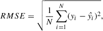 $$ \begin{aligned} RMSE = \sqrt{\frac{1}{N} \sum _{i = 1}^{N} (y_i - \hat{y_i})^2}, \end{aligned} $$