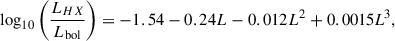 $$ \begin{aligned} {\mathrm{log}_{10}}\left(\frac{{L}_{HX}}{{L}_{\rm bol}}\right) = -1.54 - 0.24{L} - 0.012{L}^{2} + 0.0015\textit{L}^{3}, \end{aligned} $$