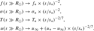 $$ \begin{aligned} f(s\gg R_\odot )&\rightarrow f_* \times (s/s_*)^{-2}, \nonumber \\ \sigma (s\gg R_\odot )&\rightarrow \sigma _* \times (s/s_*)^{-2}, \nonumber \\ T(s\gg R_\odot )&\rightarrow T_* \times (s/s_*)^{-2/7}, \nonumber \\ u(s\gg R_\odot )&\rightarrow u_\infty + (u_* - u_\infty ) \times (s/s_*)^{-2/7}. \end{aligned} $$