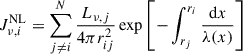 $$ \begin{aligned} J_{\nu ,i}^{\mathrm{NL} } = \sum \limits _{j \ne i}^N \frac{L_{\nu ,j}}{4\pi r_{ij}^2}\exp \left[-\int _{r_j}^{r_i}\frac{\mathrm{d} x}{\lambda (x)}\right] \end{aligned} $$