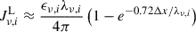 $$ \begin{aligned} J_{\nu ,i}^\mathrm{L} \approx \frac{\epsilon _{\nu ,i}\lambda _{\nu ,i}}{4\pi }\left(1-e^{-0.72\Delta x/\lambda _{\nu ,i}}\right) \end{aligned} $$