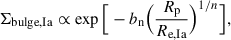 $$ \begin{aligned} \Sigma _{\rm bulge,Ia}\propto \exp \Big [-b_{\rm n}\Big (\frac{R_{\rm p}}{R_{\rm e,Ia}}\Big )^{1/n}\Big ], \end{aligned} $$