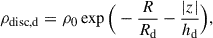 $$ \begin{aligned} \rho _{\rm disc,d}=\rho _{\rm 0} \exp \Big (-\frac{R}{R_{\rm d}}-\frac{|z|}{h_{\rm d}}\Big ), \end{aligned} $$