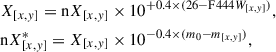 $$ \begin{aligned} \begin{split}&X_{[x,y]} = \mathrm{n} X_{[x,y]} \times 10^{+0.4\times (26-\mathrm F444W_{[x,y]})} ,\\&\mathrm{n} X^*_{[x,y]} = X_{[x,y]} \times 10^{-0.4\times (m_0-m_{[x,y]})}, \end{split} \end{aligned} $$