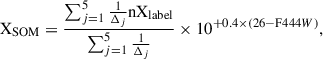 $$ \begin{aligned} \mathrm{X_{SOM}} = \frac{\sum _{j = 1}^5 \frac{1}{\Delta _j} \mathrm {nX_{label}}}{\sum _{j = 1}^5\frac{1}{\Delta _j}}\times 10^{+0.4\times (26-\mathrm F444W)}, \end{aligned} $$