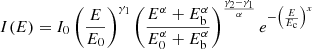 $$ \begin{aligned} I(E)&= I_0 \left(\frac{E}{E_0} \right)^{\gamma _1} \left(\frac{E^{\alpha }+E^{\alpha }_{\rm b}}{E^{\alpha } _0+E^{\alpha }_{\rm b}} \right)^{\frac{\gamma _2 -\gamma _1}{\alpha }} e^{-\left( \frac{E}{E_{\rm c}} \right)^x}\end{aligned} $$