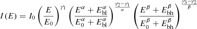 $$ \begin{aligned} I(E)&= I_0 \left(\frac{E}{E_0} \right)^{\gamma _1} \left(\frac{E^{\alpha }+E^{\alpha }_{\rm bl}}{E^{\alpha } _0+E^{\alpha }_{\rm bl}} \right)^{\frac{\gamma _2 -\gamma _1}{\alpha }} \left(\frac{E^{\beta }+E^{\beta }_{\rm bh}}{E^{\beta } _0+E^{\beta }_{\rm bh}} \right)^{\frac{\gamma _3 -\gamma _2}{\beta }} \end{aligned} $$