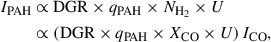 $$ \begin{aligned} I_{\rm PAH}&\propto \mathrm{DGR} \times q_\mathrm{PAH} \times N_{\rm H_2}\times U \\&\propto \left(\mathrm{DGR} \times q_\mathrm{PAH} \times X_\mathrm{CO} \times U \right)I_{\rm CO},\nonumber \end{aligned} $$