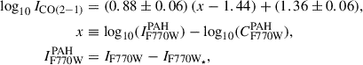 $$ \begin{aligned} \log _{10} I_\mathrm{CO(2-1)}&= (0.88 \pm 0.06)\,(x - 1.44) + (1.36 \pm 0.06), \\ x&\equiv \log _{10}(I^\mathrm{PAH} _{\rm F770W}) - \log _{10}(C_\mathrm{F770W} ^\mathrm{PAH} ),\nonumber \\ I^\mathrm{PAH} _{\rm F770W}&= I_{\rm F770W} - I_{\rm F770W_{\star }},\nonumber \end{aligned} $$