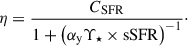 $$ \begin{aligned} \eta = \frac{C_{\rm SFR}}{1 + \left( \alpha _{\rm y} \Upsilon _\star \times \mathrm{sSFR}\right)^{-1}}\cdot \end{aligned} $$