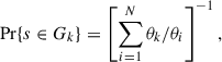 $$ \begin{aligned} \mathrm{Pr}\{s \in G_k\} = \left[ \sum _{i = 1}^N \theta _k / \theta _i \right]^{-1}, \end{aligned} $$