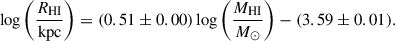 $$ \begin{aligned} \log \left(\frac{R_{\rm HI}}{\mathrm{kpc}}\right) = (0.51 \pm 0.00) \log \left(\frac{M_{\rm HI}}{M_\odot }\right) - (3.59 \pm 0.01). \end{aligned} $$