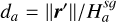 $d_{a}=\left\|\boldsymbol{r}^{\prime}\right\| / H_{a}^{s g}$