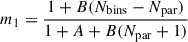 $$ \begin{aligned} m_1&= \frac{1 + B(N_{\mathrm{bins}} - N_{\mathrm{par}})}{1 + A + B(N_{\mathrm{par}} + 1)} \end{aligned} $$