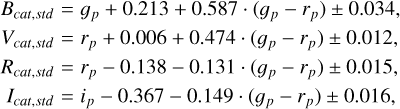 Mathematical equation: $ \begin{align*} B_{c a t, s t d} & =g_{p}+0.213+0.587 \cdot\left(g_{p}-r_{p}\right) \pm 0.034, \\ V_{c a t, s t d} & =r_{p}+0.006+0.474 \cdot\left(g_{p}-r_{p}\right) \pm 0.012, \\ R_{c a t, s t d} & =r_{p}-0.138-0.131 \cdot\left(g_{p}-r_{p}\right) \pm 0.015, \\ I_{c a t, s t d} & =i_{p}-0.367-0.149 \cdot\left(g_{p}-r_{p}\right) \pm 0.016, \end{align*} $