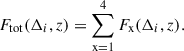 $$ \begin{aligned} F_{\rm tot}(\Delta _i, z) = \sum _{\rm x = 1}^{4} F_{\rm x}(\Delta _i, z). \end{aligned} $$