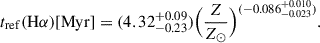 $$ \begin{aligned} t_{\rm ref}(\mathrm{H}\alpha ) [\mathrm {Myr}] = (4.32^{+0.09}_{-0.23}) \Big (\frac{Z}{Z_{\odot }} \Big )^{(-0.086^{+0.010}_{-0.023})}. \end{aligned} $$