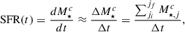 $$ \begin{aligned} \mathrm{SFR}(t) = \frac{dM_{\star }^c}{dt} \approx \frac{\Delta M_{\star }^c}{\Delta t} = \frac{\sum _{j_i}^{j_f}M_{\star ,j}^c}{\Delta t}, \end{aligned} $$