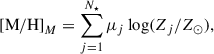 $$ \begin{aligned}{[\mathrm{M/H}]}_M = \sum _{j = 1}^{N_{\star }} \mu _j \log (Z_j/Z_{\odot }), \end{aligned} $$