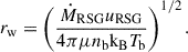 Mathematical equation: $$ \begin{aligned} r_\mathrm{w} = \left(\frac{\dot{M}_\mathrm{RSG} u_\mathrm{RSG} }{4\pi \mu n_\mathrm{b} \mathrm{k_B} T_\mathrm{b} }\right)^{1/2}. \end{aligned} $$