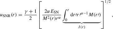 Mathematical equation: $$ \begin{aligned} u_\mathrm{SNR} (r) = \frac{\gamma +1}{2} \left[\frac{2 \alpha E_\mathrm{SN} }{M^2(r) r^\alpha } \underbrace{\int _0^r \mathrm{d} r\prime {r\prime }^{\alpha -1}M(r\prime )}_{I(r)}\right]^{1/2}, \end{aligned} $$