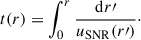 Mathematical equation: $$ \begin{aligned} t(r) = \int _0^r \frac{\mathrm{d} r\prime }{u_\mathrm{SNR} (r\prime )}\cdot \end{aligned} $$