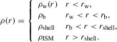 Mathematical equation: $$ \begin{aligned} \rho (r) = {\left\{ \begin{array}{ll} \rho _{\rm w}(r)&r < r_{\rm w}, \\ \rho _{\rm b}&r_{\rm w} < r < r_{\rm b}, \\ \rho _{\rm shell}&r_{\rm b} < r < r_{\rm shell}, \\ \rho _{\rm ISM}&r > r_{\rm shell}. \end{array}\right.} \end{aligned} $$