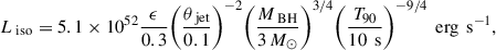 $$ \begin{aligned} L_{\text{ iso}} = 5.1 \times 10^{52} \dfrac{\epsilon }{0.3} \Bigg (\dfrac{\theta _{\text{ jet}}}{0.1}\Bigg )^{-2} \Bigg (\dfrac{M_{\text{ BH}}}{3\,M_{\odot }}\Bigg )^{3/4} \Bigg (\dfrac{T_{90}}{10\,\text{ s}}\Bigg )^{-9/4} \, \text{ erg} \, \text{ s}^{-1}, \end{aligned} $$