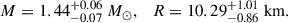 $$ \begin{aligned} M = 1.44^{+0.06}_{-0.07}\ M_{\odot }, \quad R = 10.29^{+1.01}_{-0.86}\ \mathrm{km} . \end{aligned} $$