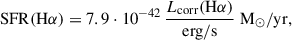 $$ \begin{aligned} \mathrm{SFR(H\alpha )} = 7.9 \cdot 10 ^{-42} \, \frac{L_{\rm corr}(\mathrm{H\alpha })}{\mathrm{erg/s}}\; \mathrm{M_{\odot }/yr}, \end{aligned} $$