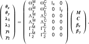$$ \begin{aligned} \left( \begin{array}{c} \boldsymbol{\theta _x} \\ \boldsymbol{\theta _y} \\ \boldsymbol{\lambda _1}\\ \boldsymbol{\lambda _2}\\ \boldsymbol{\gamma _1} \\ \boldsymbol{\gamma _2} \\ \end{array} \right) = \left( \begin{array}{cccc} \mathsf{\Theta _x^M }&\mathsf{\Theta _x^C }&\mathsf{I_x }&\mathsf{0 } \\ \mathsf{\Theta _y^M }&\mathsf{\Theta _y^C }&\mathsf{0 }&\mathsf{I_y } \\ \mathsf{\Lambda _x^M }&\mathsf{\Lambda _x^C }&\mathsf{0 }&\mathsf{0 } \\ \mathsf{\Lambda _y^M }&\mathsf{\Lambda _y^C }&\mathsf{0 }&\mathsf{0 } \\ \mathsf{\Gamma _1^M }&\mathsf{\Gamma _1^C }&\mathsf{0 }&\mathsf{0 } \\ \mathsf{\Gamma _2^M }&\mathsf{\Gamma _2^C }&\mathsf{0 }&\mathsf{0 } \\ \\ \end{array} \right) \left( \begin{array}{c} \boldsymbol{M} \\ \boldsymbol{C} \\ \boldsymbol{\beta _x} \\ \boldsymbol{\beta _y} \\ \end{array} \right), \end{aligned} $$