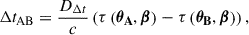 $$ \begin{aligned} {\Delta t_{\rm AB}}&= \frac{{D_{\Delta t}}}{c} \left(\tau \left(\boldsymbol{\theta _{\rm A}}, \boldsymbol{\beta }\right)- \tau \left(\boldsymbol{\theta _{\rm B}}, \boldsymbol{\beta }\right)\right),\end{aligned} $$