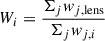 $$ \begin{aligned} W_{ i} = \frac{\Sigma _{ j} w_{ j,\mathrm{lens}}}{\Sigma _{ j} w_{ j,i}} \end{aligned} $$