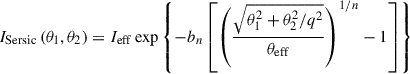 $$ \begin{aligned} I_{\rm {Sersic}}\left(\theta _1,\theta _2\right) = I_{\rm eff}\exp \left\{ -b_{ n}\left[\left(\frac{\sqrt{\theta _1^2+\theta _2^2/q^2}}{\theta _{\rm eff}}\right)^{ 1/n}-1\right]\right\} \end{aligned} $$