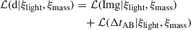 $$ \begin{aligned} \mathcal{L} (\mathrm{d}\vert \xi _{\rm light},\xi _{\rm mass} )&= \mathcal{L} ( \mathrm{Img} \vert \xi _{\rm light},\xi _{\rm mass} ) \nonumber \\&\quad + \mathcal{L} ({\Delta t_{\rm AB}} \vert \xi _{\rm light},\xi _{\rm mass} ) \end{aligned} $$