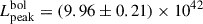 $ L_{\mathrm{peak}}^{\mathrm{bol}} = (9.96 \pm 0.21) \times 10^{42} $