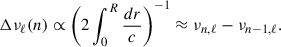 $$ \begin{aligned} \Delta \nu _\ell (n)\propto \left(2 \int _0^R \frac{dr}{c}\right)^{-1}\approx \nu _{n,\ell }-\nu _{n-1,\ell }. \end{aligned} $$
