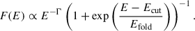 Mathematical equation: $$ \begin{aligned} F(E) \propto E^{-\Gamma } \left(1 + \exp \left( \frac{E - E_{\mathrm{cut}}}{E_{\mathrm{fold}}} \right)\right)^{-1}. \end{aligned} $$