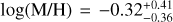 $\log {\left( {{\rm{M/H}}} \right)_{{\rm{mean PDF}}}} = - 0.32_{ - 0.36}^{ + 0.41}$