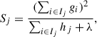 $$ \begin{aligned} S_j = \frac{(\sum _{i \in I_{j}} g_{i})^{2}}{\sum _{i \in I_{j}} h_{j} + \lambda }, \end{aligned} $$