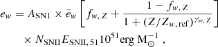 Mathematical equation: $$ \begin{aligned} e_w&=A_{\rm SN1}\times \bar{e}_w \left[ f_{ w,\,Z}+\frac{1-f_{ w,\, Z}}{1+(Z/Z_{w,\,\mathrm {ref}})^{\gamma _{w, \,Z}}}\right]\nonumber \\&\quad \times N_{\rm SNII}E_{\rm SNII,\,51}10^{51}\mathrm{erg\;M}^{-1}_\odot \;, \end{aligned} $$