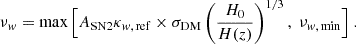 Mathematical equation: $$ \begin{aligned} \nu _w= \max \Big [A_{\rm SN2}\kappa _{w,\,\mathrm{ref}}\times \sigma _{\rm DM}\left(\frac{H_0}{H(z)}\right)^{1/3},\;\nu _{w,\,\mathrm {min}}\Big ]\;. \end{aligned} $$