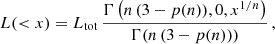 Mathematical equation: $$ \begin{aligned} L( < x) = L_{\mathrm{tot} }\,\frac{\Gamma \left(n\,(3-p(n)),0,x^{1/n}\right)}{\Gamma (n\,(3-p(n)))}\,, \end{aligned} $$